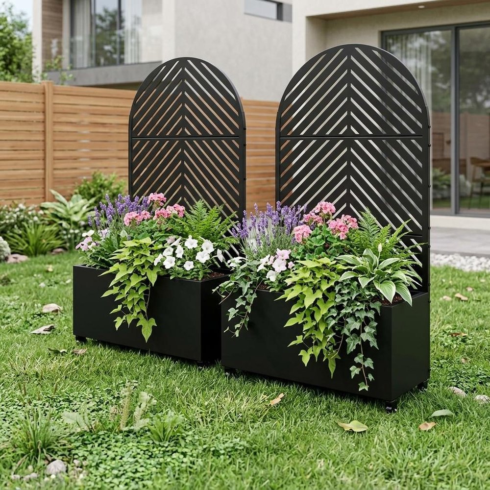 Set of Two Black Striped Galvanized Metal Oval Planter Box