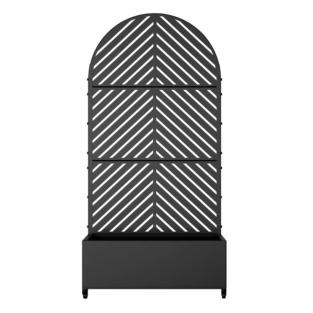 Black galvanized metal planter box with arched trellis featuring white diagonal stripes on a white background.