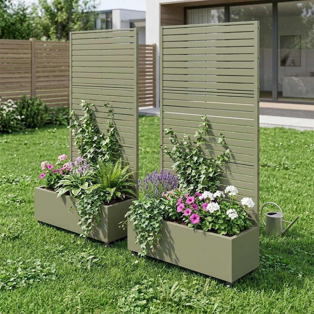 Set of Two Gray Striped Galvanized Metal Rectangular Planter Box
