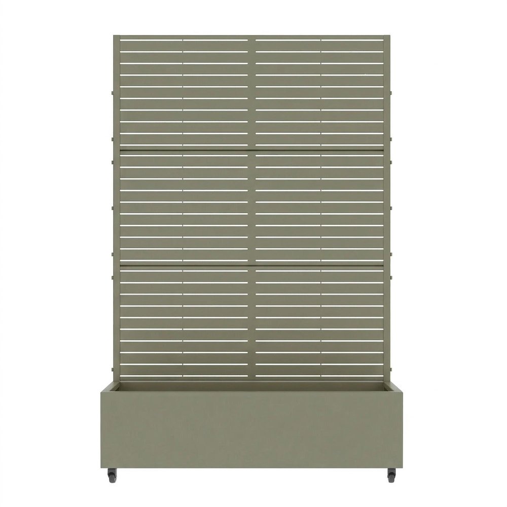 Gray galvanized metal planter box with a slatted screen on wheels against a white background.