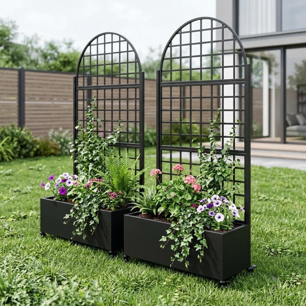 Set of Two Black Geometric Galvanized Metal Oval Planter Box