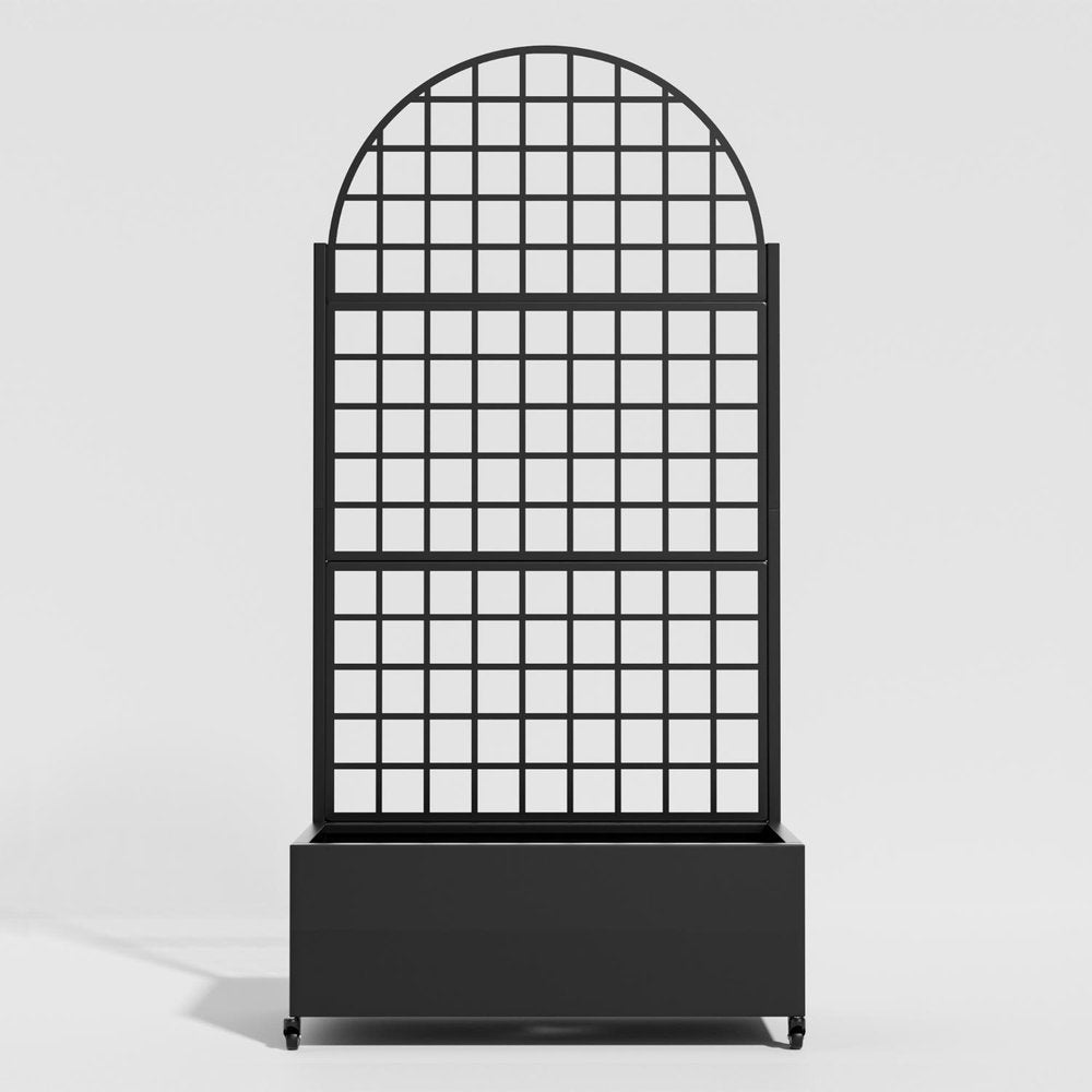 Black metal planter box with arched trellis on a white background.