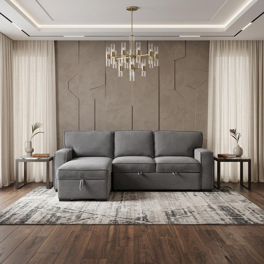 92" Light Gray Upholstered Modular USB Sleeper Sofa And Storage