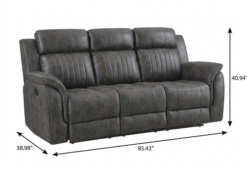 85" Gray And Charcoal Fabric Reclining Sofa
