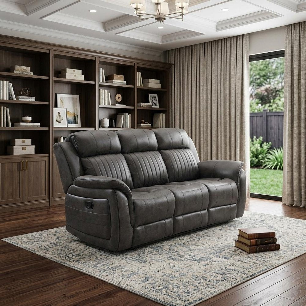 85" Gray And Charcoal Fabric Reclining Sofa
