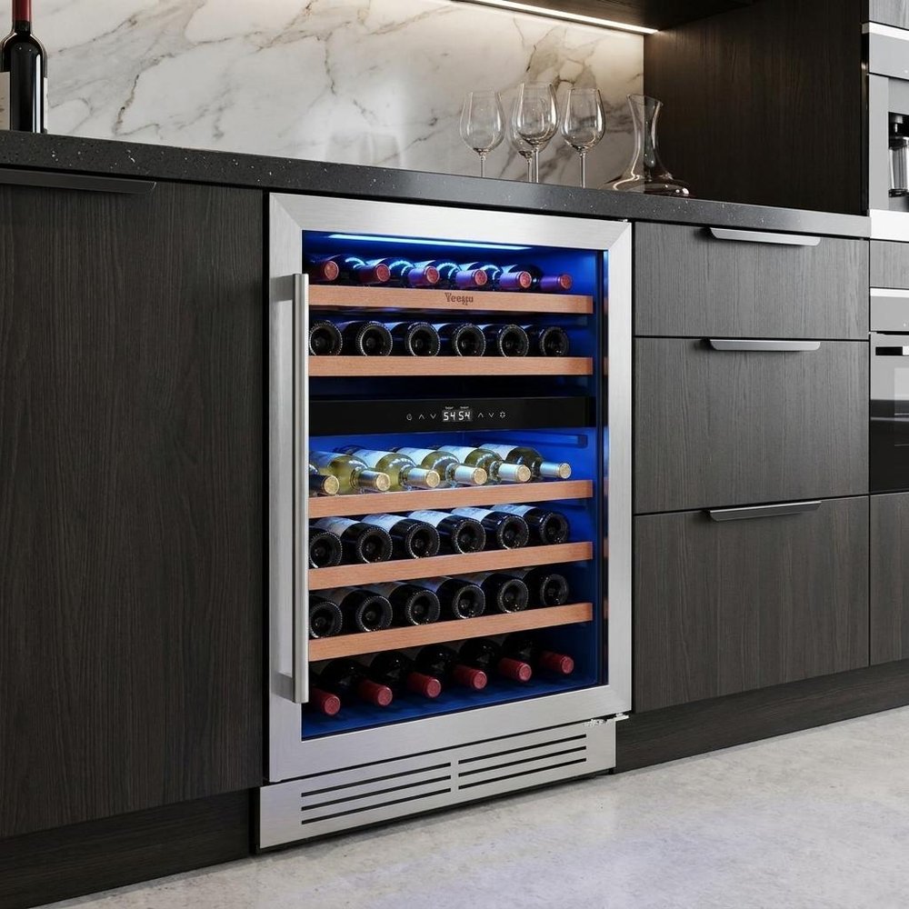 32" X 22" Silver and Black Metal Dual Compartment Wine Refrigerator