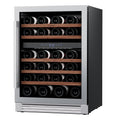 34" X 24" Clear and Silver Stainless Steel Dual Compartment Wine Refrigerator. Wine cooler isolated on a plain white background, showing a silver metal surface.