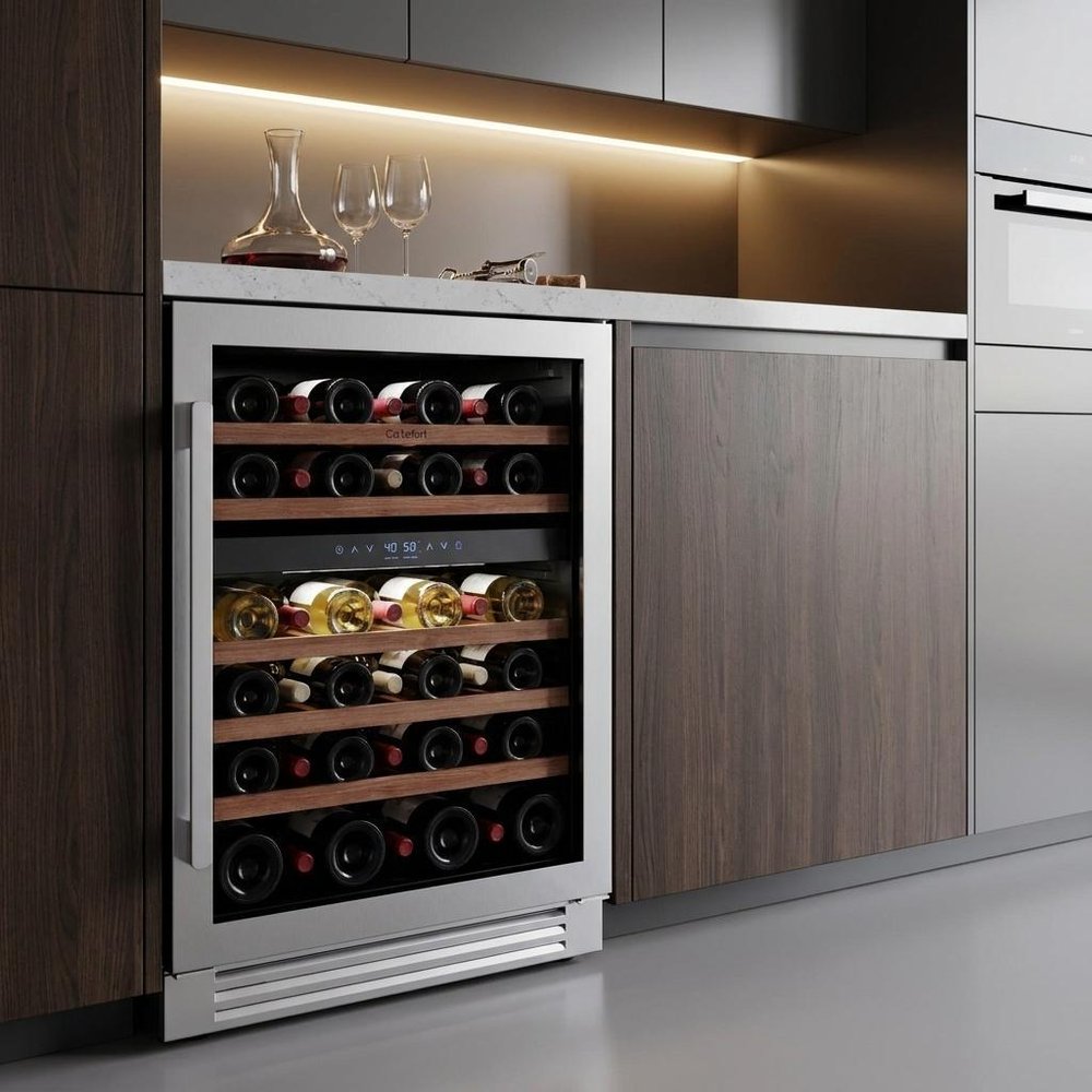 34" X 24" Clear and Silver Stainless Steel Dual Compartment Wine Refrigerator