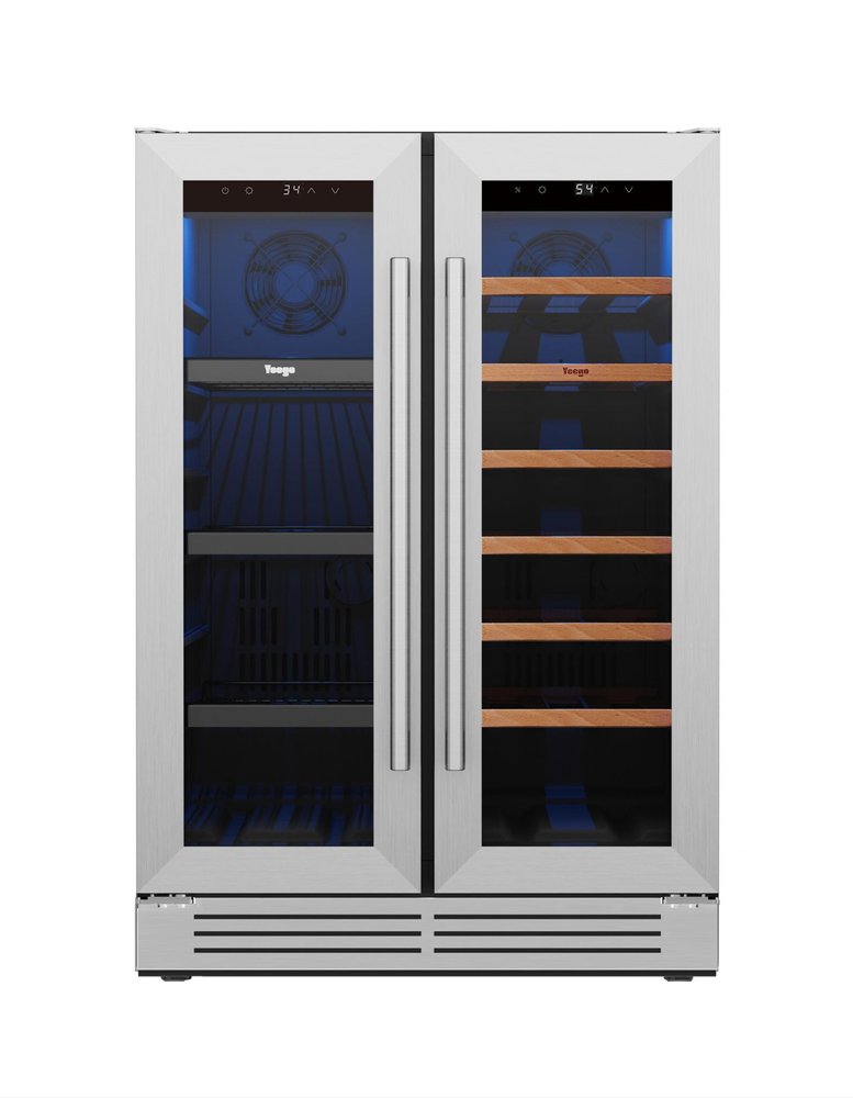 34" X 22" Silver and Black Metal Dual Compartment Wine And Beverage Refrigerator