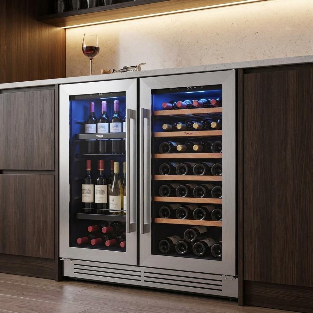 34" X 22" Silver and Black Metal Dual Compartment Wine And Beverage Refrigerator