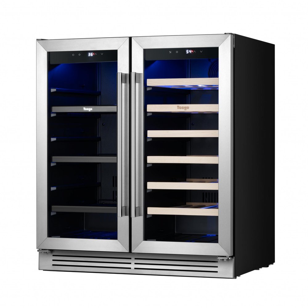 34" X 22" Silver and Black Metal Dual Compartment Wine And Beverage Refrigerator