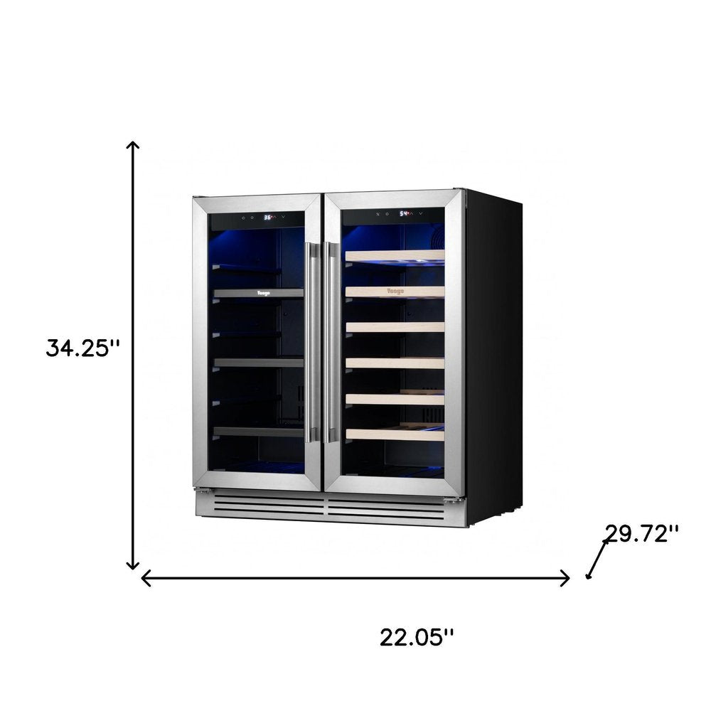 34" X 22" Silver and Black Metal Dual Compartment Wine And Beverage Refrigerator