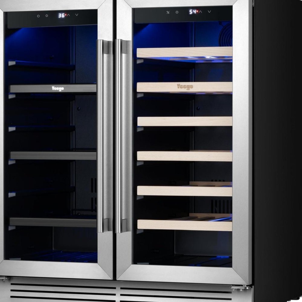 34" X 22" Silver and Black Metal Dual Compartment Wine And Beverage Refrigerator