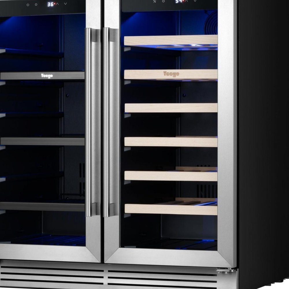 34" X 22" Silver and Black Metal Dual Compartment Wine And Beverage Refrigerator