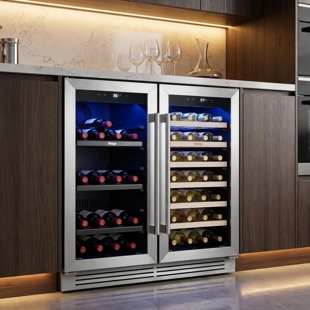 34" X 22" Silver and Black Metal Dual Compartment Wine And Beverage Refrigerator