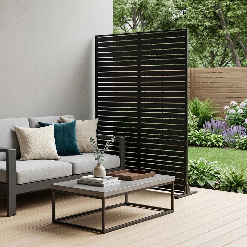 72" Black Steel 12 Panel Outdoor Privacy Screen in a home interior