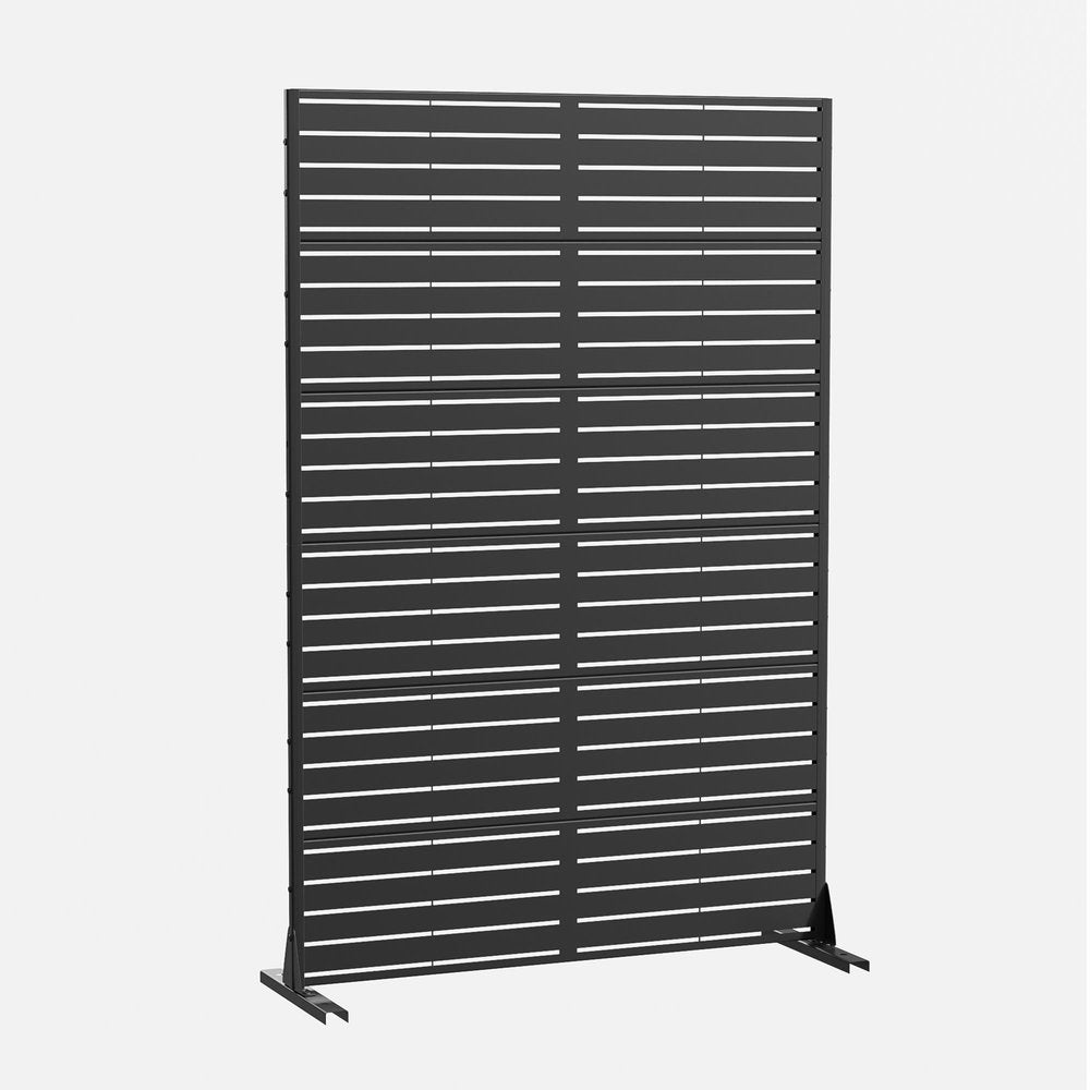 Black steel outdoor privacy screen with horizontal slats, shown against a light gray background.