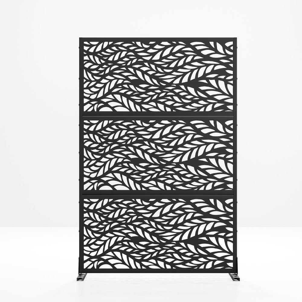 Black steel outdoor privacy screen with a leaf pattern, shown against a white background.