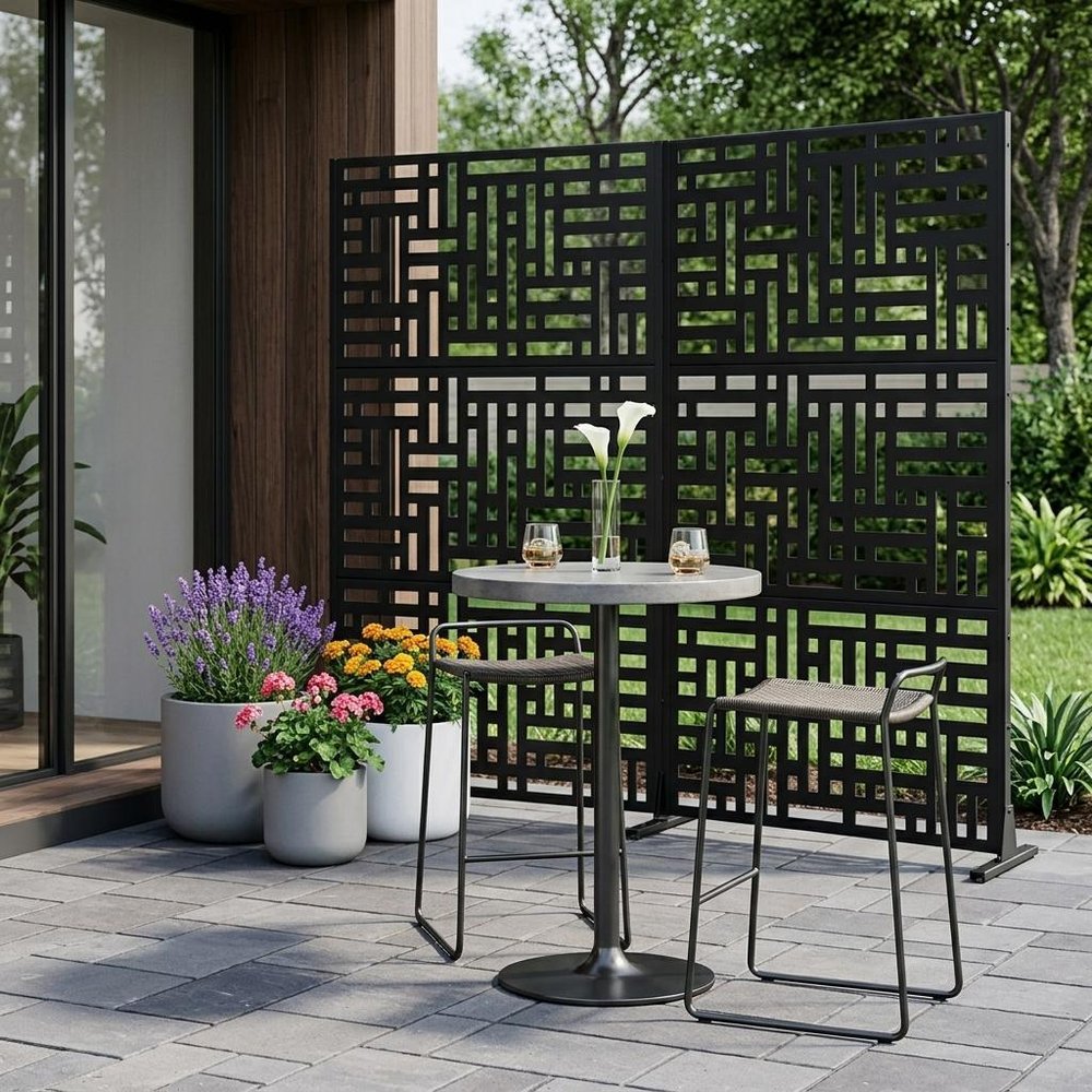 72" Black Steel Six Panel Outdoor Privacy Screen