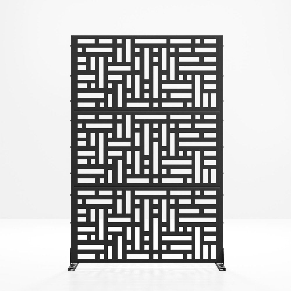 Black steel six-panel outdoor privacy screen with a geometric pattern on a white background.