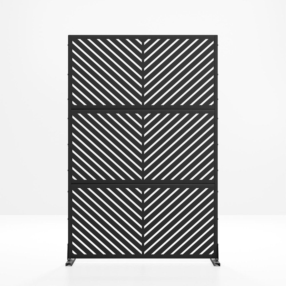 Black steel six-panel outdoor privacy screen with diagonal stripe pattern on a white background.