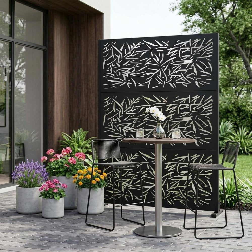 72" Black Steel Six Panel Outdoor Privacy Screen in a home interior