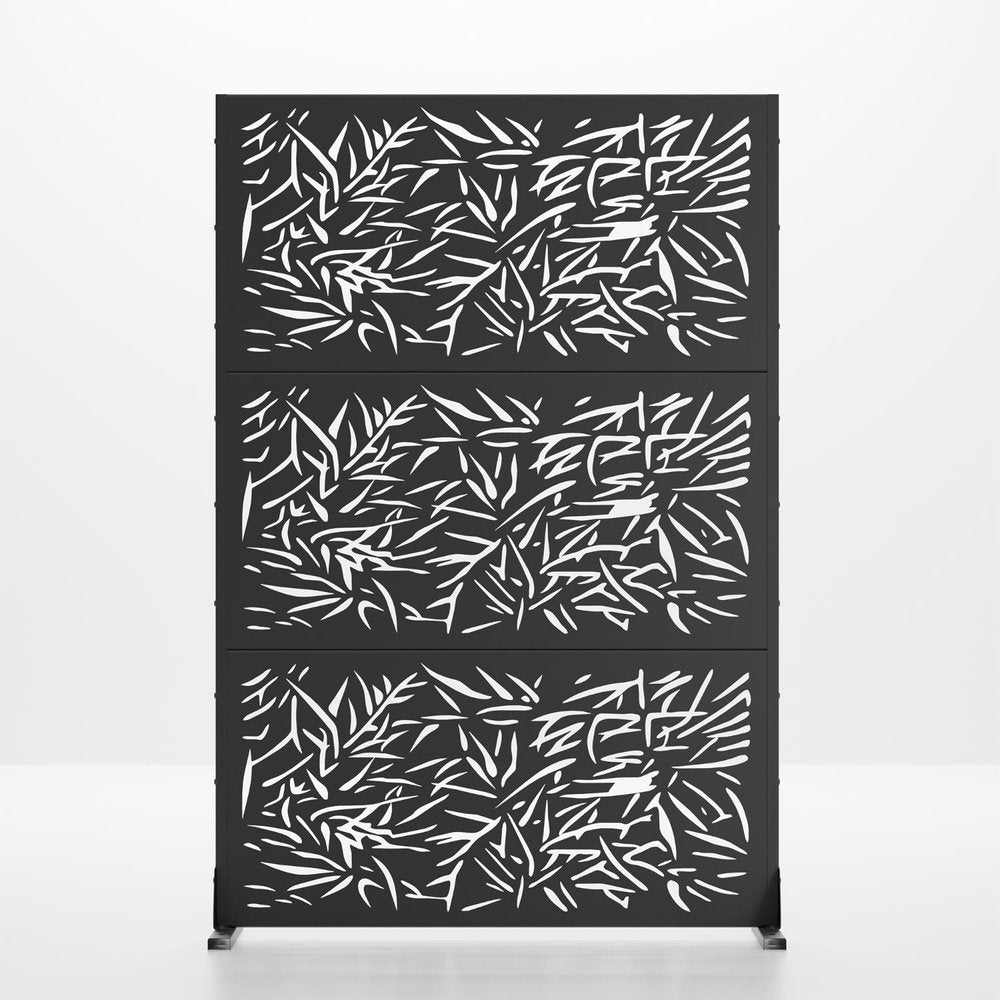 Black steel outdoor privacy screen with a leaf pattern, shown against a white background.