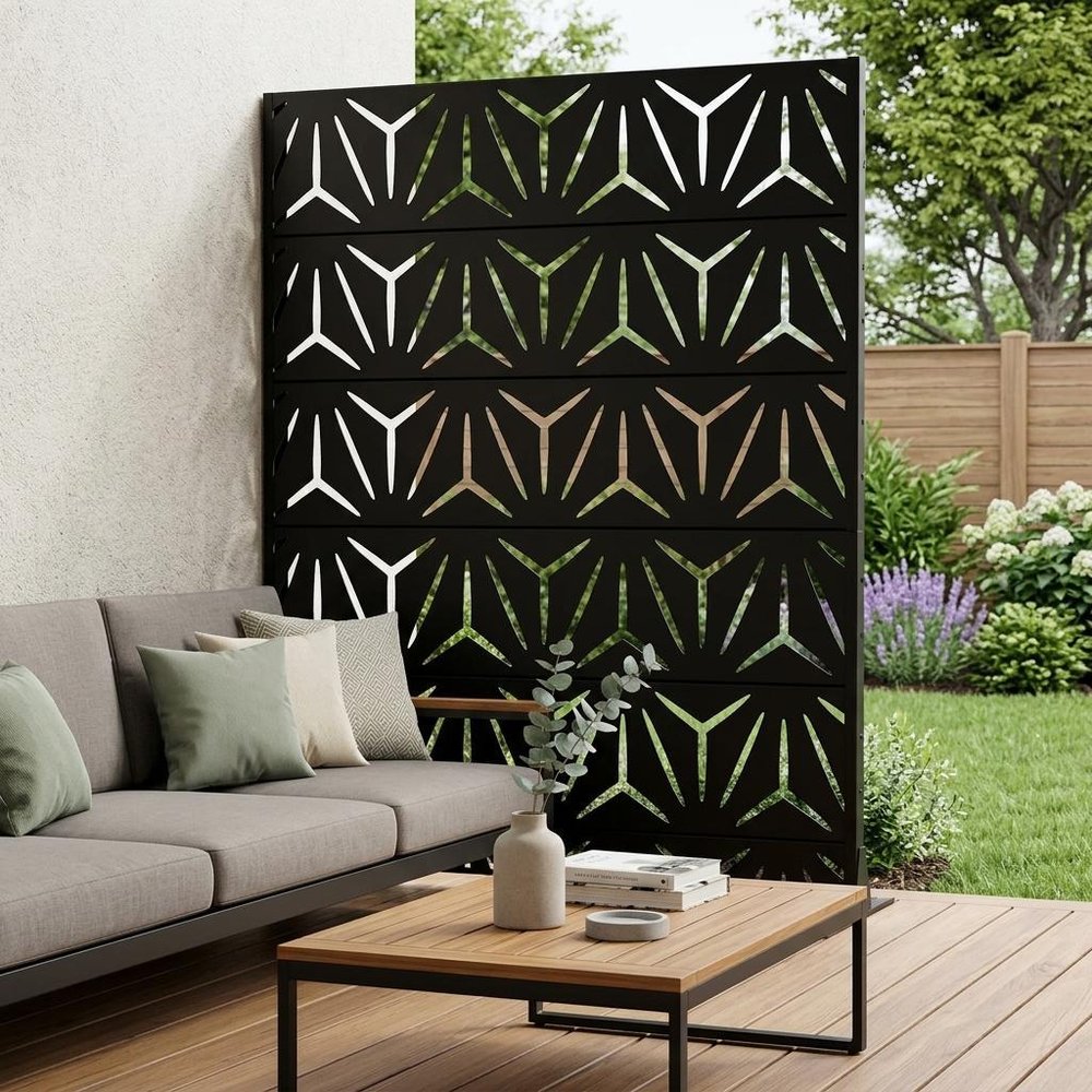 72" Black Steel 12 Panel Outdoor Privacy Screen in a home interior