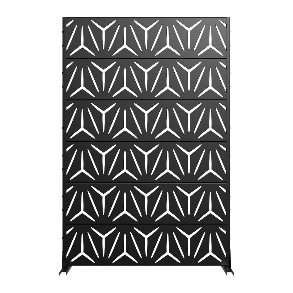Black steel outdoor privacy screen with geometric cutouts, set against a white background.