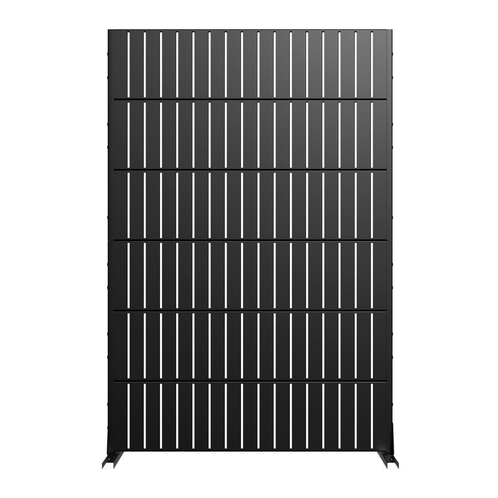Black steel outdoor privacy screen with vertical slats, shown against a white background.