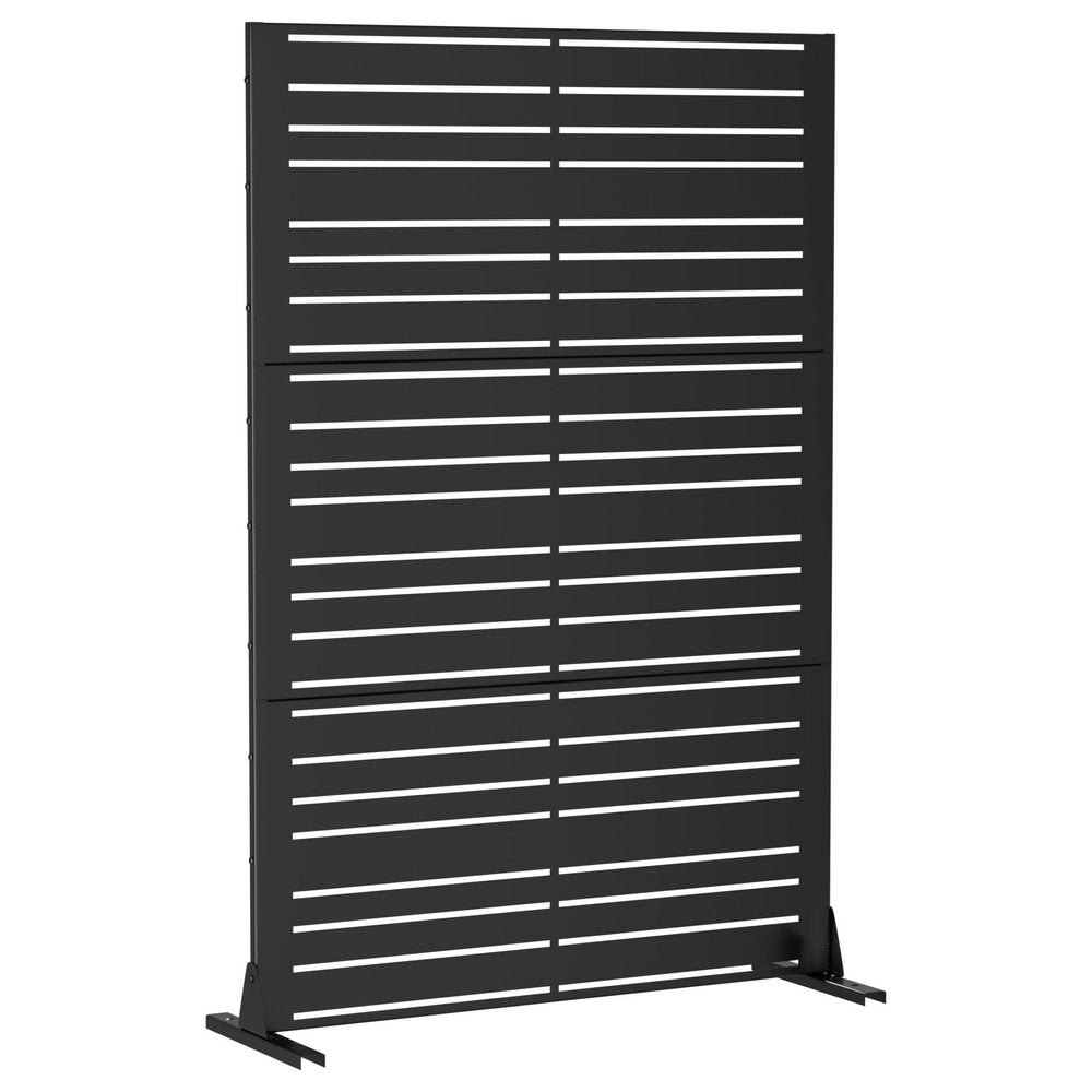 Black steel outdoor privacy screen with horizontal slats, shown against a white background.