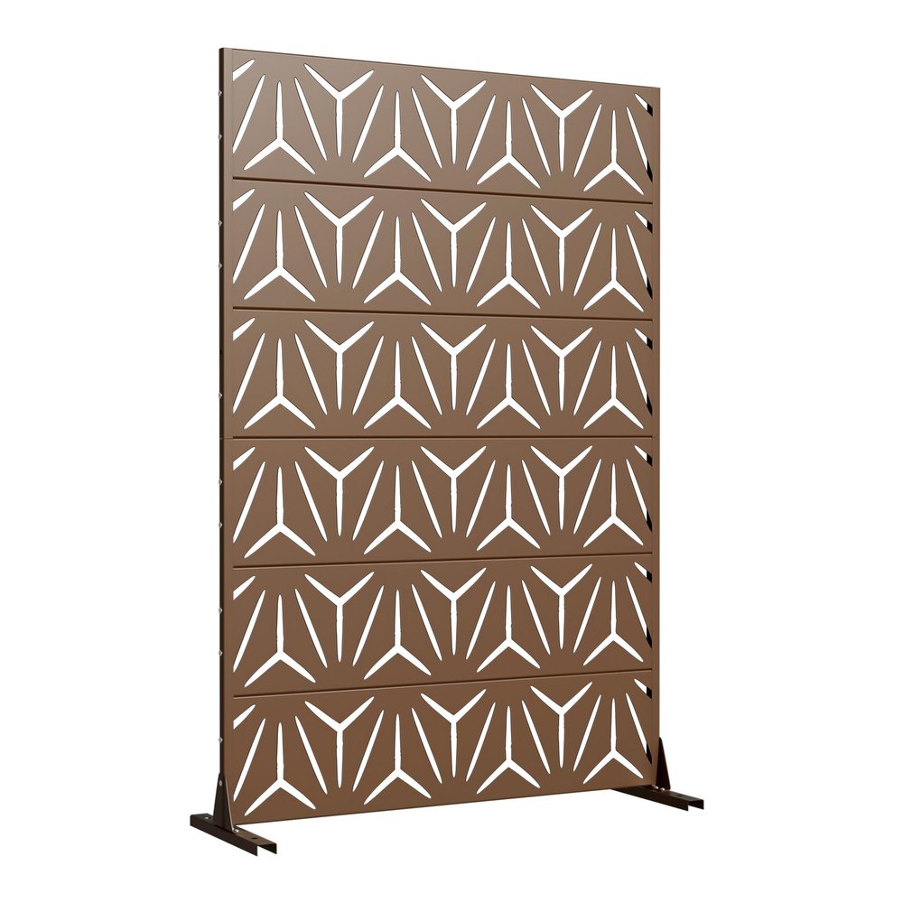 Brown steel outdoor privacy screen with geometric cutouts, on a white background.