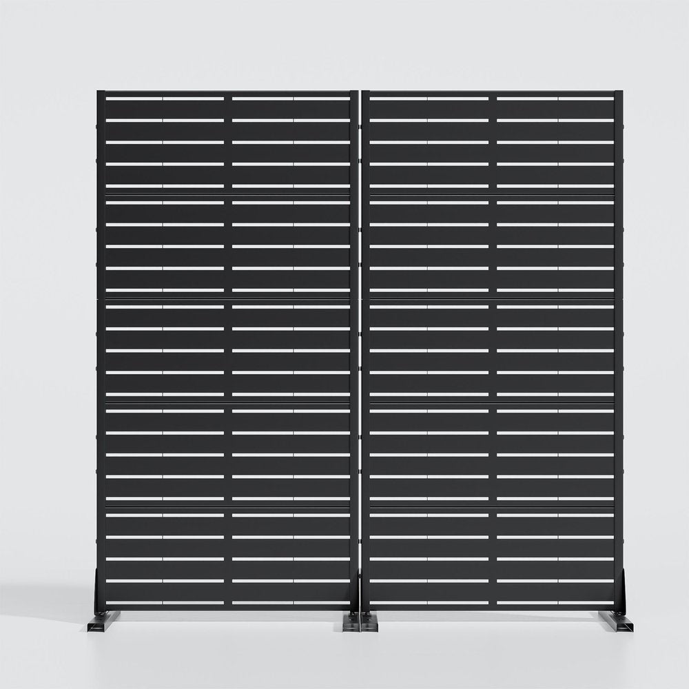 Two black steel outdoor privacy screens with horizontal slats stand side-by-side on a white background.