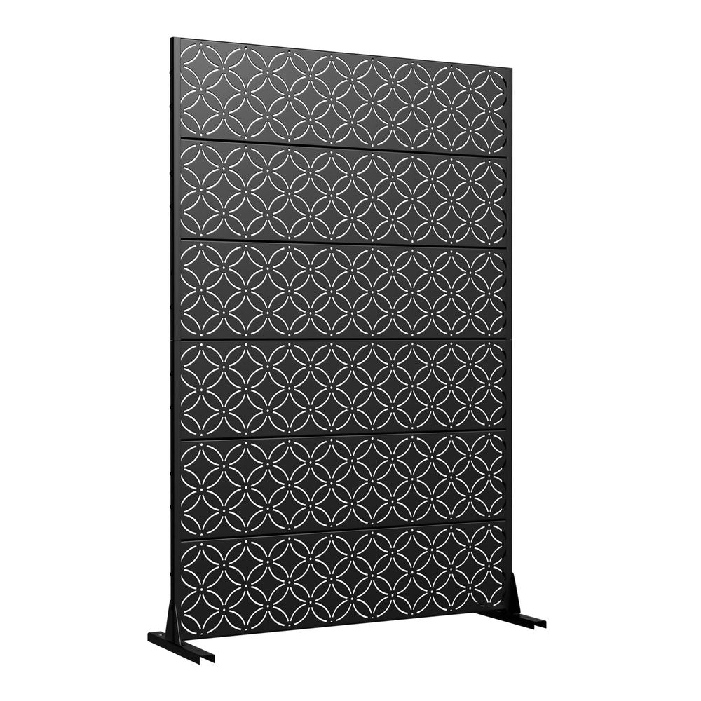 Black steel outdoor privacy screen with a geometric pattern, shown against a white background.