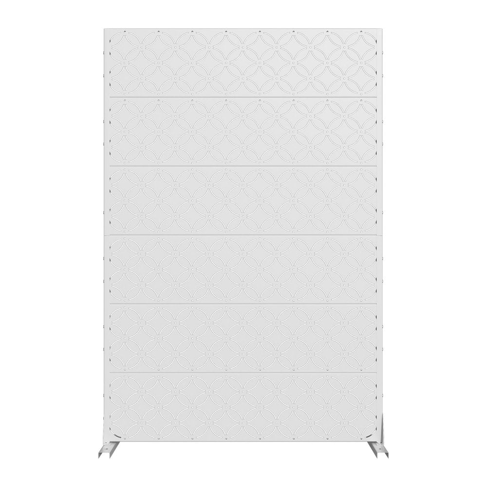 White metal outdoor privacy screen with a geometric pattern, shown against a white background.