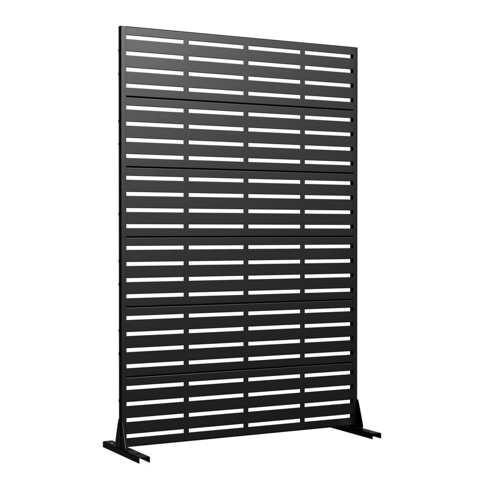 Black steel outdoor privacy screen with horizontal slats, shown on a white background.
