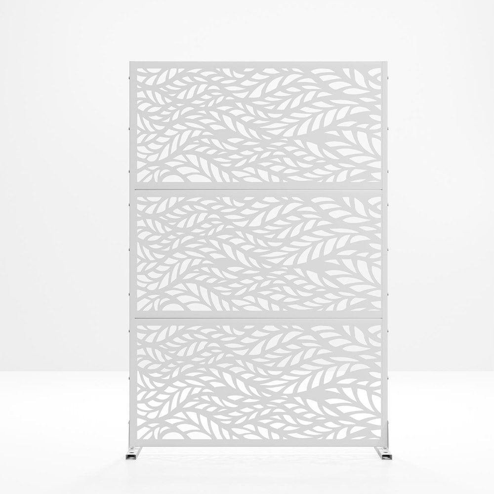 White steel outdoor privacy screen with a leaf pattern, shown against a white background.