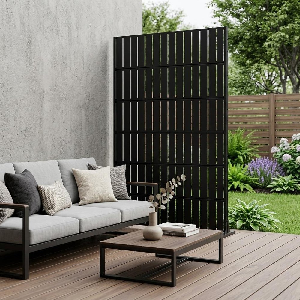 72" Black Steel 12 Panel Outdoor Privacy Screen - 72.00" H x 35.00" W x 16.00" D