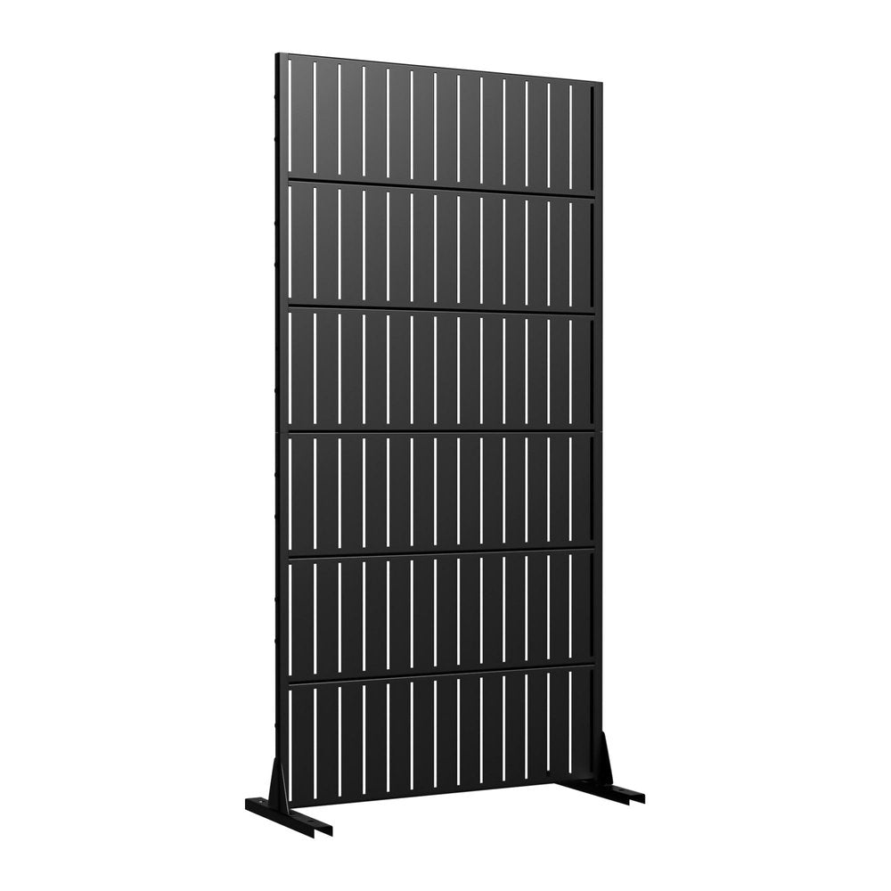 Black steel outdoor privacy screen with a slatted design, shown against a white background.