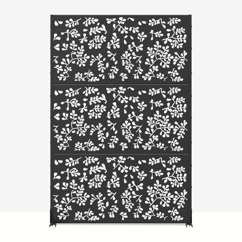 Black steel outdoor privacy screen with a white leaf pattern, shown against a white background.