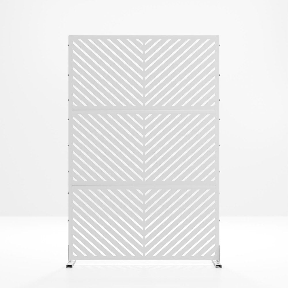 White steel outdoor privacy screen with a geometric pattern, shown against a white background.