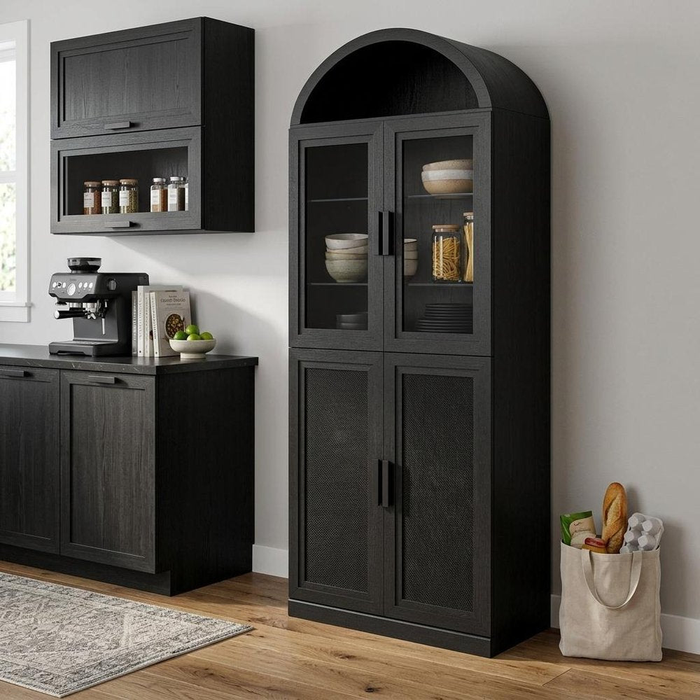 76" Black Wood Four Door Pantry Or Storage Closet