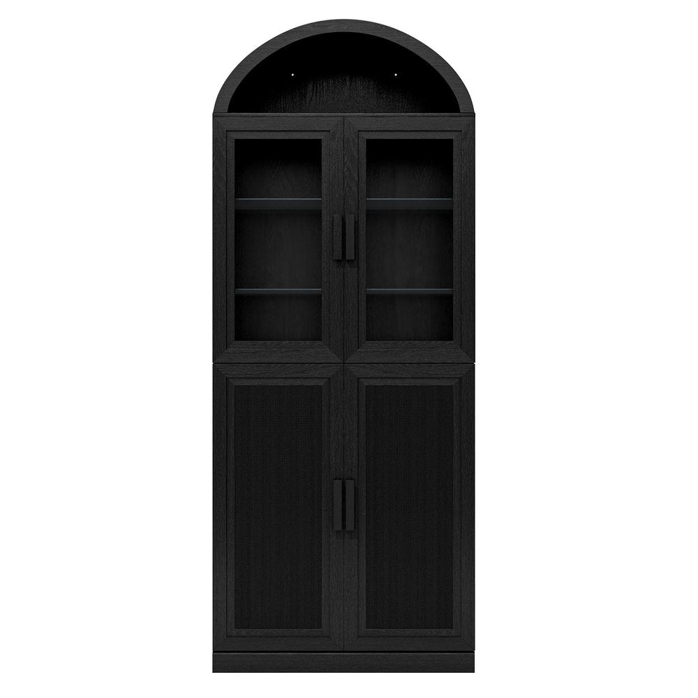Black wood four-door pantry or storage closet with glass upper doors and woven lower doors, set against a white background.