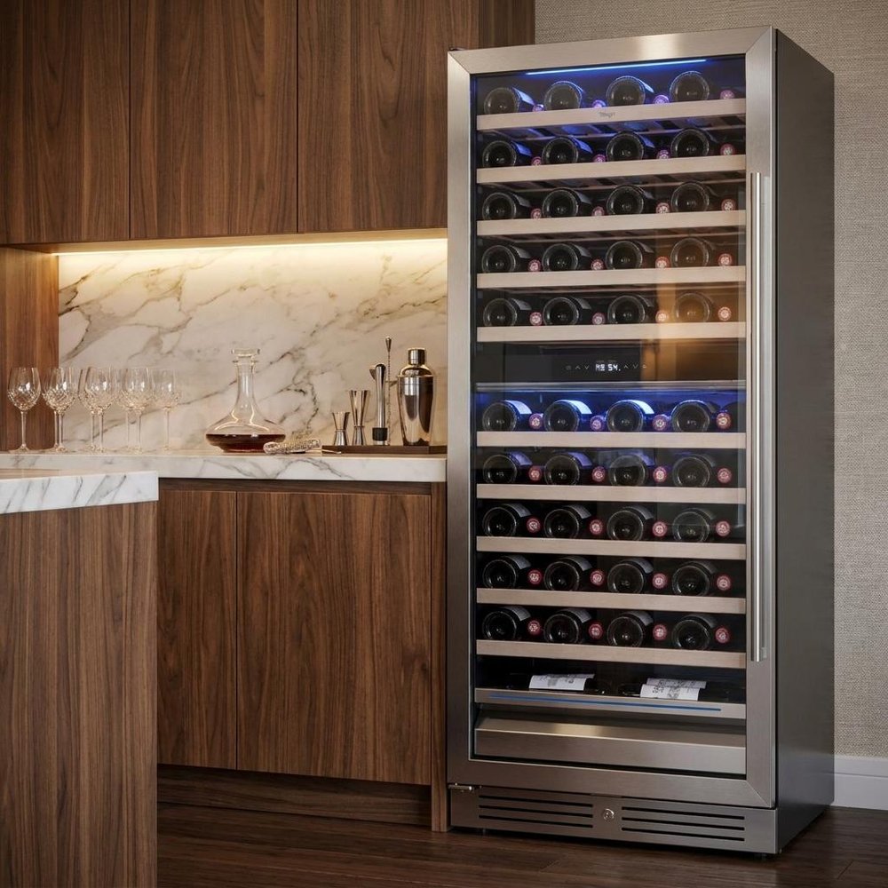 55" X 23" Clear and Black Stainless Steel Dual Compartment Wine Refrigerator