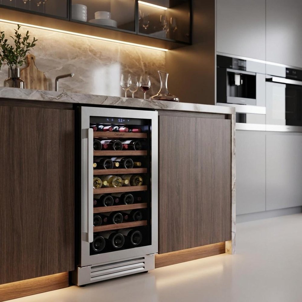 34" X 15" Clear and Silver Stainless Steel Single Compartment Wine Refrigerator