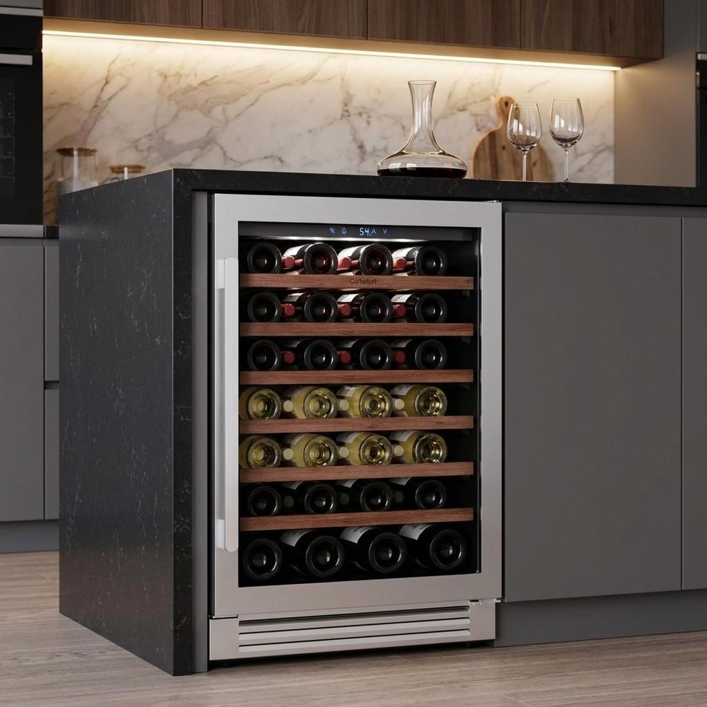 34" X 24" Clear and Silver Stainless Steel Single Compartment Wine Refrigerator