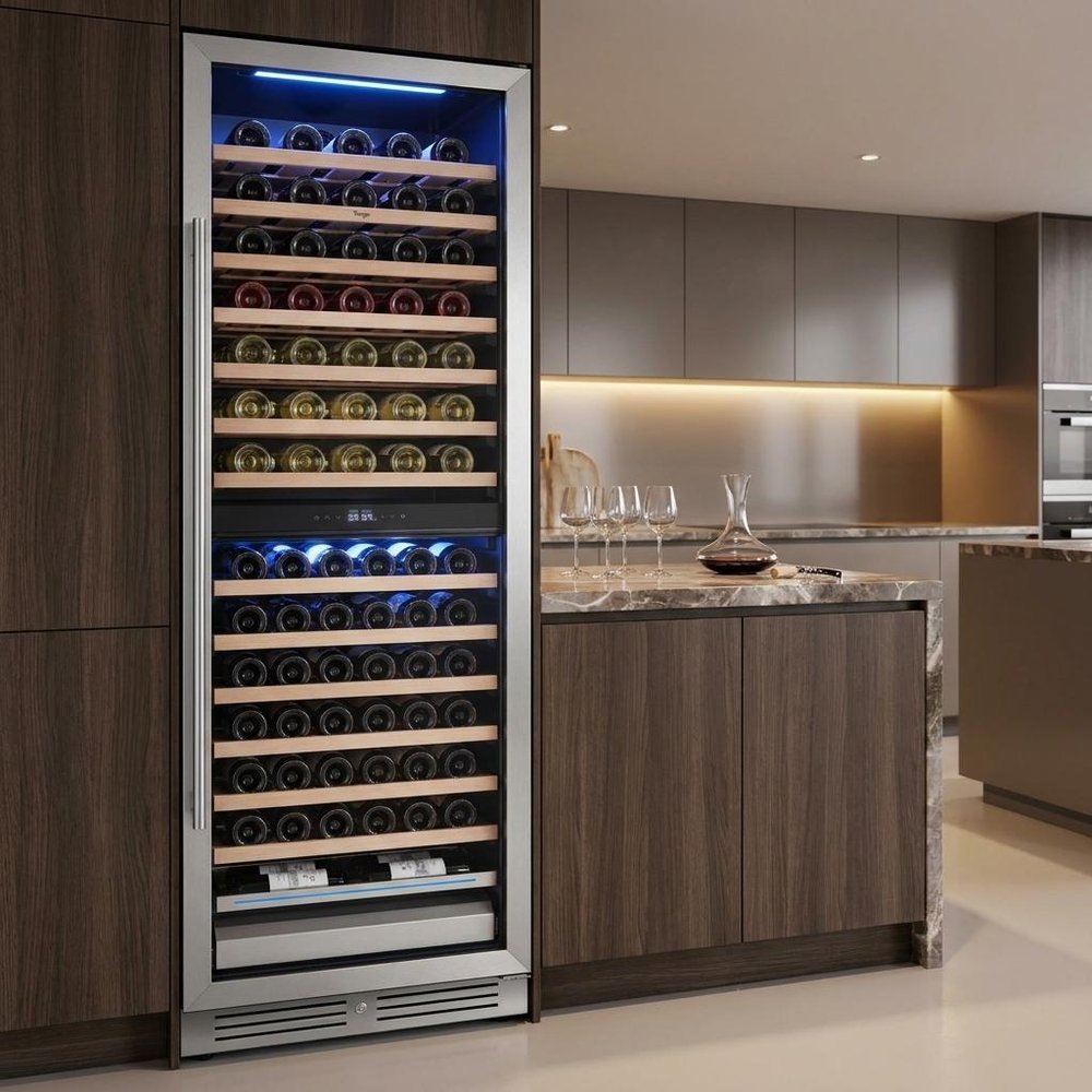 69" X 23" Clear and Black Metal Dual Compartment Wine Refrigerator