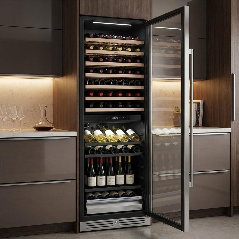 69" X 23" Clear and Black Metal Dual Compartment Wine And Beverage Refrigerator