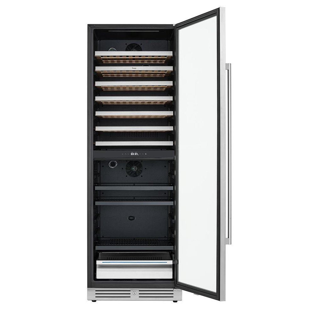 69" X 23" Clear and Black Metal Dual Compartment Wine And Beverage Refrigerator