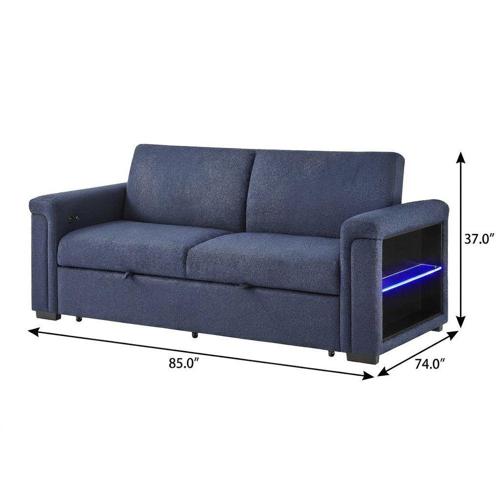 85" Navy Blue Upholstered USB Sleeper Sofa With Toss Pillows And Storage